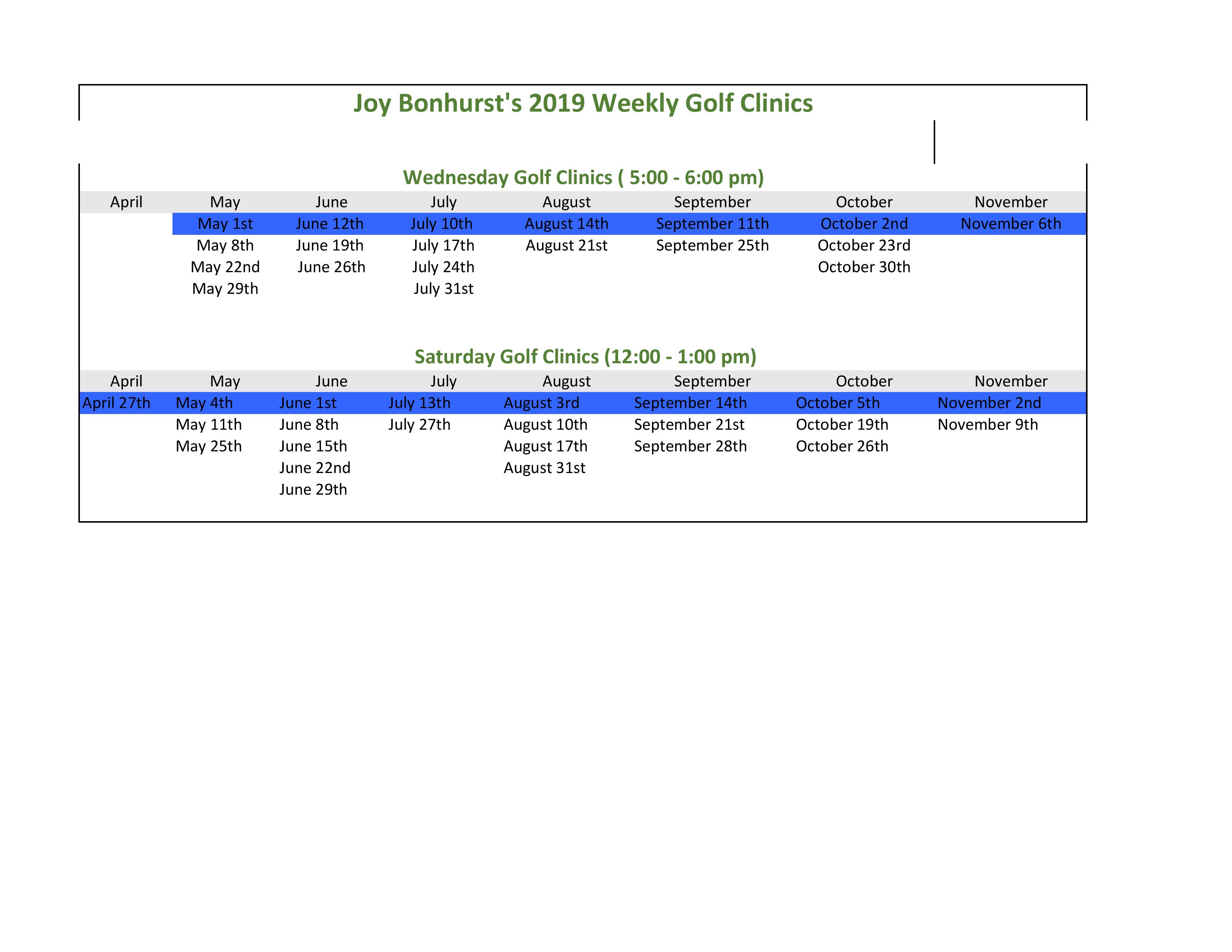 Joy's 2019 Golf Clinic Schedule Sheet1