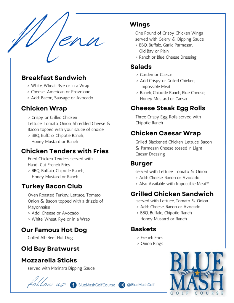 Grill Menu - Blue Mash Golf Course